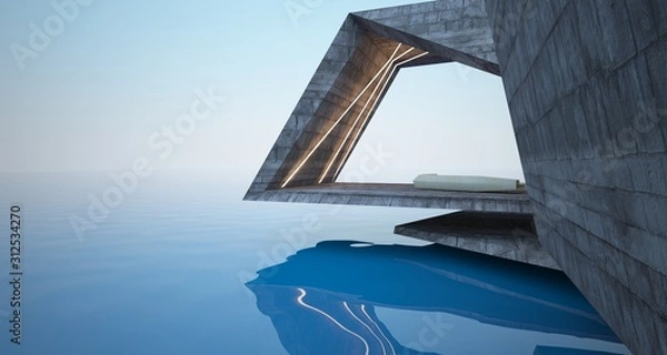 Fototapeta Abstrakcyjne architektoniczne wnętrze nowoczesnej willi na morzu z basenem i neonowym oświetleniem. Ilustracja i renderowanie 3D.