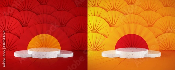 Obraz White podium on yellow and red fan pattern background.Oriental fan concept.3D render.