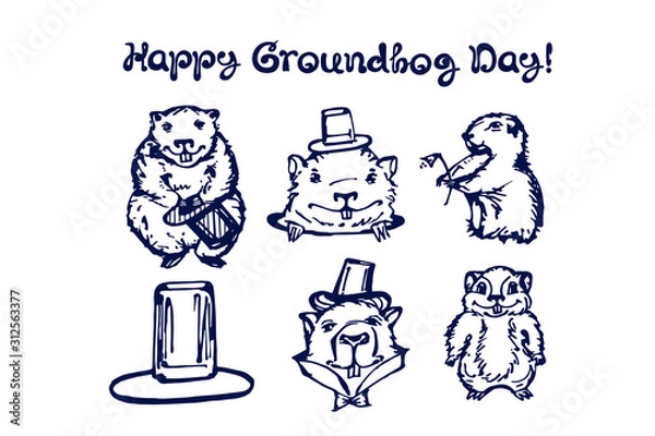 Obraz Hand drawn winter set with groundhogs and handwritten text