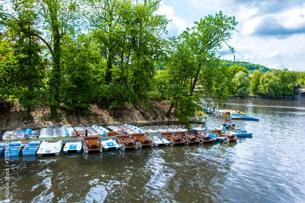 Fototapeta Catamaran rental station. Catamaran walk on the lake