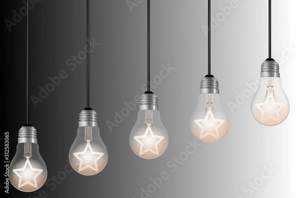 Fototapeta five lightbulbs with lit stars on black and white background. ranking or rating image concept