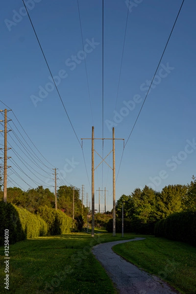 Obraz powerlines across residential pathway in spring in ottawa, ontario