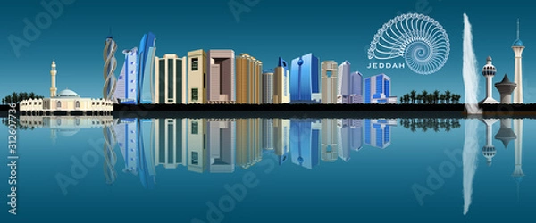 Fototapeta Jeddah city skyline depicting famous landmarks and its reflection on the Red Sea