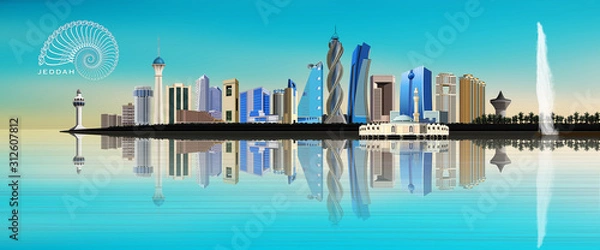 Fototapeta Jeddah city skyline depicting famous landmarks and its reflection on the Red Sea
