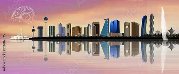 Fototapeta Jeddah city skyline depicting famous landmarks and its reflection on the Red Sea