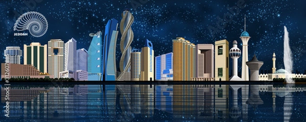 Fototapeta Jeddah city skyline depicting famous landmarks and its reflection on the Red Sea