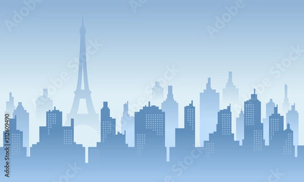 Obraz Poranek w paryskim budynku z niebieskim kolorem nieba