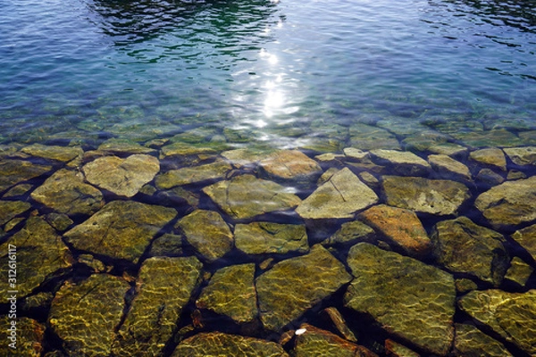 Obraz 透き通る水辺と大きな石