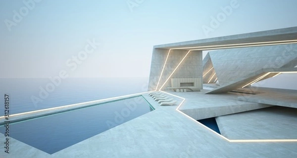 Obraz Abstract architectural concrete interior of a modern villa on the sea with swimming pool and neon lighting. 3D illustration and rendering.