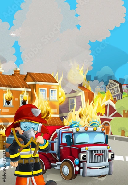 Fototapeta cartoon scene with fireman car vehicle near burning building - illustration for children