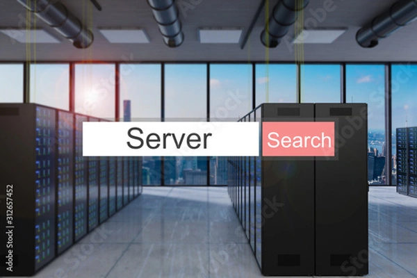 Obraz server in red search bar large modern server room skyline view support, 3D Illustration