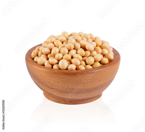 Fototapeta Soybean in wooden bowl on white