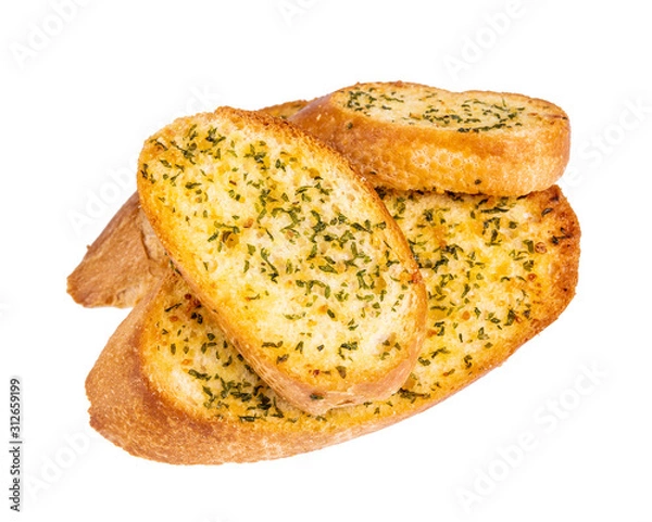 Fototapeta arlic and herb bread slices on white background.