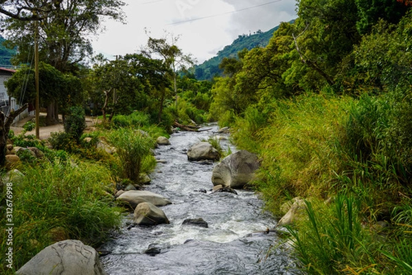 Fototapeta Beautiful river crossing the green fields in the mountain 