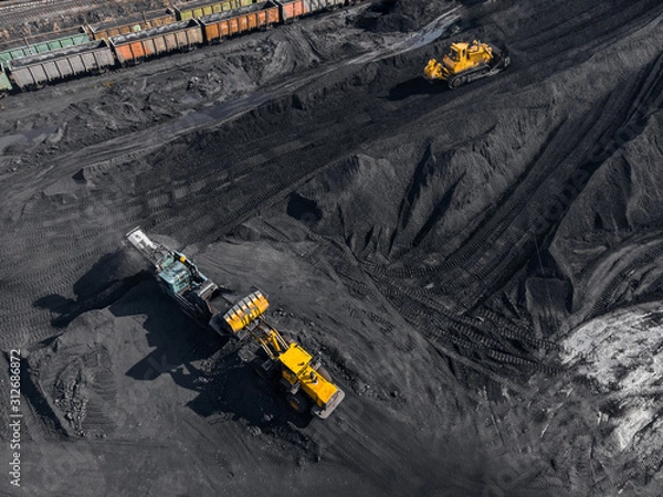 Fototapeta Open pit mine, extractive industry for coal, top view aerial drone