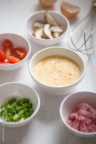 Obraz Food ingredients for making minced pork omelette in Thai style