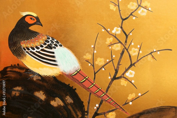 Obraz 屏風　金屏風　キジ　梅