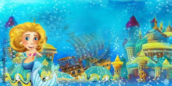 Fototapeta Cartoon ocean and the mermaid in underwater kingdom swimming and having fun - illustration for children
