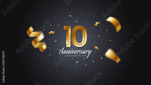 Fototapeta 10th anniversary celebration Gold numbers with dotted halftone, shadow and sparkling confetti. modern elegant design with black background. for wedding party event decoration. Editable vector EPS 10