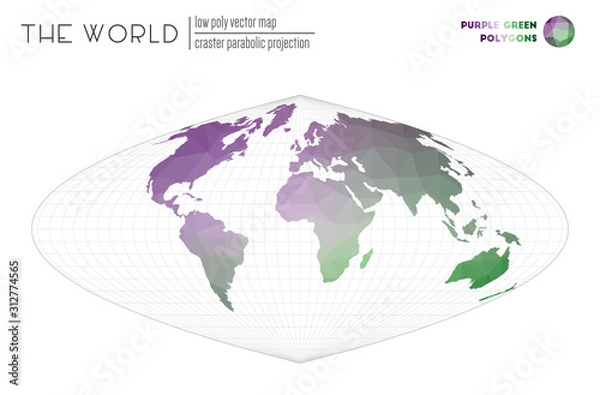 Fototapeta Abstract world map. Craster parabolic projection of the world. Purple and Green colored polygons. Trending vector illustration.