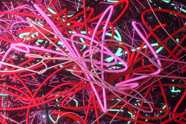 Obraz Neon grow lights, messy colorful string for design texture, background. 3D render.