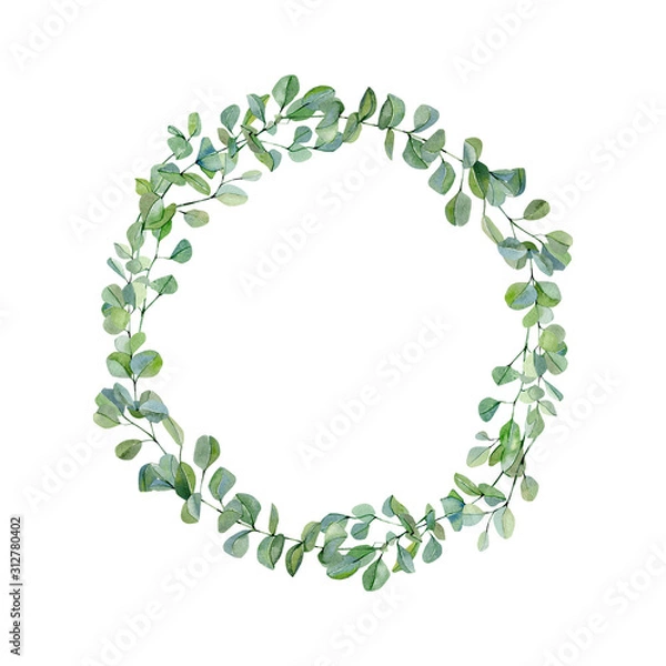 Obraz Watercolor wreath with hand painted silver dollar eucalyptus. Green branches and leaves floral illustration. Rustic garden plants.