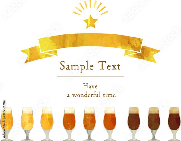 Fototapeta クラフトビール_黒ビール_コピースペース_リボン_グラス_ベクター_イラスト_お酒_アルコール