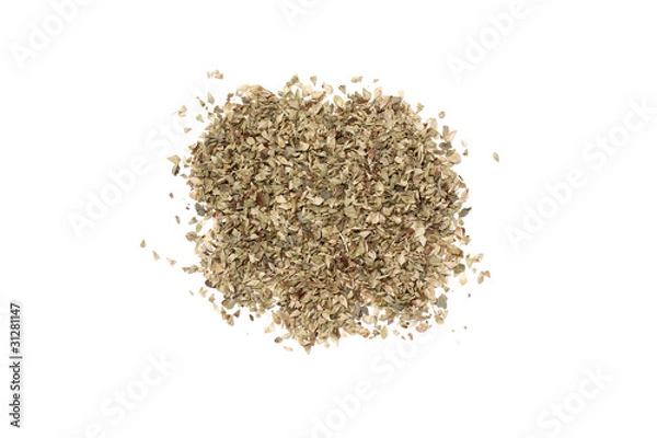 Fototapeta a little mount of oregano leafs isolated in white