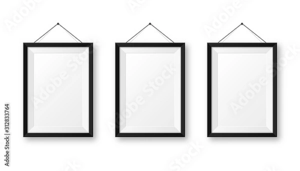 Fototapeta Realistic hanging on a wall blank black picture frame with shadow. Modern poster mockup isolated on white background. Empty photo frame for art gallery or interior. Vector illustration.