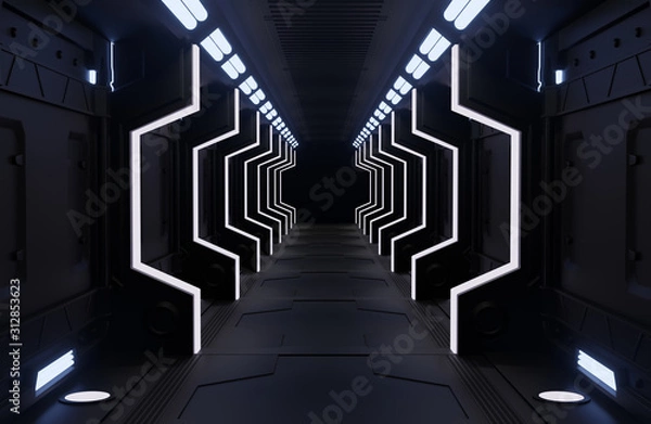 Fototapeta 3D rendering elements of this image furnished ,Spaceship black interior with view,tunnel,corridor,light copy space,nobody