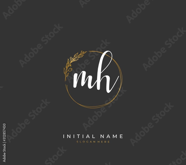 Fototapeta Handwritten letter M H MH for identity and logo. Vector logo template with handwriting and signature style.