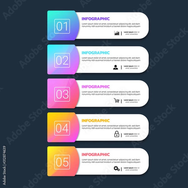 Fototapeta Colorful Infographics template 5 steps with rectangle banner.