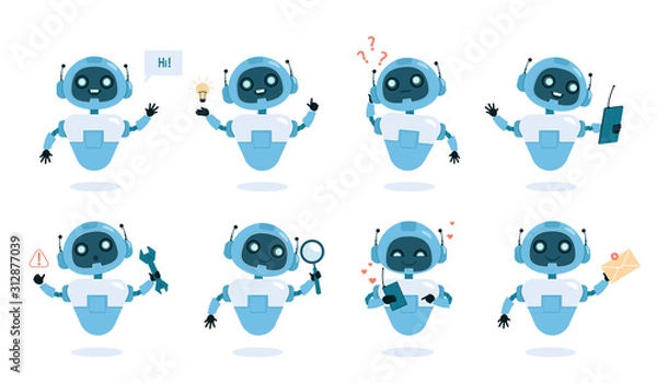 Fototapeta Chatbot functions and abilities flat vector illustrations set