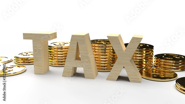 Fototapeta The wood tax and coin 3d rendering image for business content.