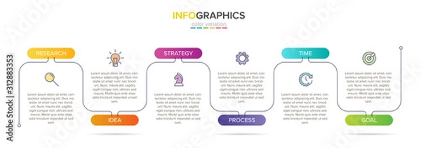 Fototapeta Concept of arrow business model with 6 successive steps. Six colorful graphic elements. Timeline design for brochure, presentation. Infographic design layout