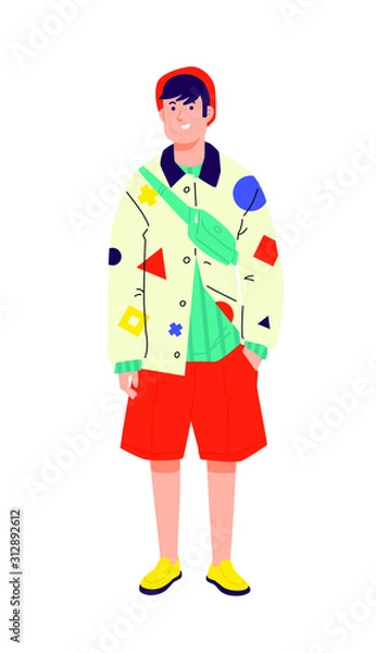 Fototapeta Illustration of a young man in a bright avant-garde shirt. Vector. Stylish hipster in orange shorts. Fashionable guy in a red cap with a bag and in yellow boots. Generation Z, millennial. A handsome b
