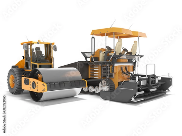 Fototapeta Construction machinery orange paver machine and road roller getting ready for work 3D rendering on white background with shadow