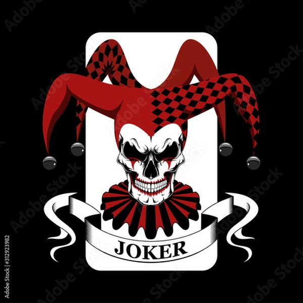 Obraz Vector image skull joker. Joker in a hat with bells and frills.