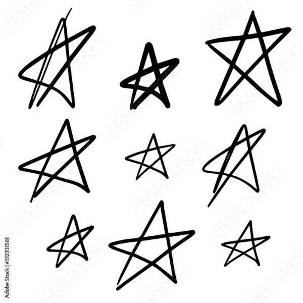 Fototapeta Set of nine hand drawn black vector stars