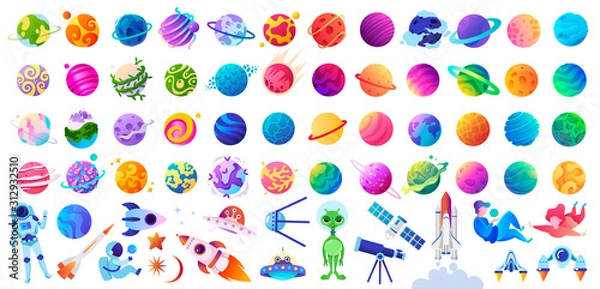 Fototapeta Duży zestaw izolowanych obiektów kosmicznych. Planety, UFO, astronauci i rakiety. Ilustracja wektorowa dla dzieci.