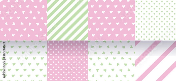 Fototapeta Set of pink, green seamless patterns with hearts, stripes and polka dot. Delicate pastel colors. Vector