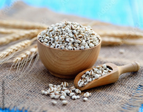 Obraz Job's Tears in wooden bowl and spoon