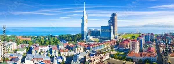 Fototapeta Aerial panoramic image of beautiful Batumi in Georgia made with drone in sunny summer weather.
