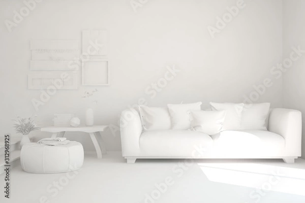 Fototapeta Mock up of stylish room in white color with sofa. Scandinavian interior design. 3D illustration