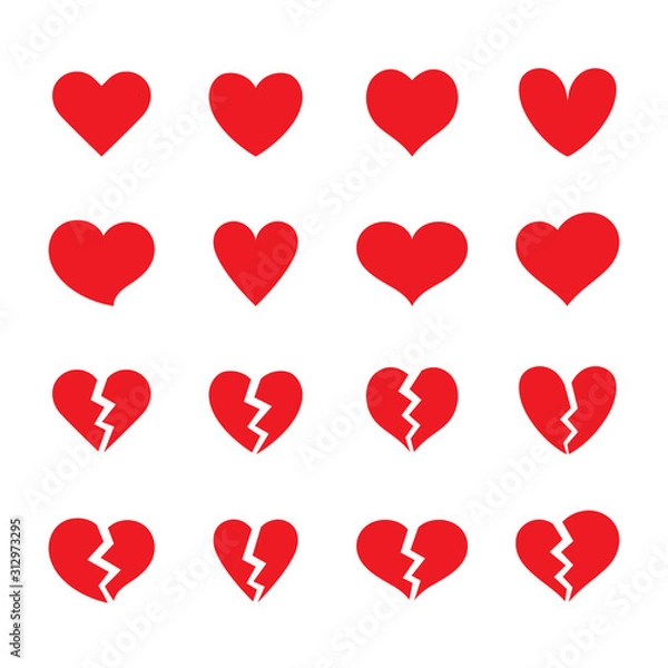 Fototapeta Set of red whole and broken heart shaped symbols. Collection of different romantic vector heart icons for web site, sticker, love logo and Valentines day.