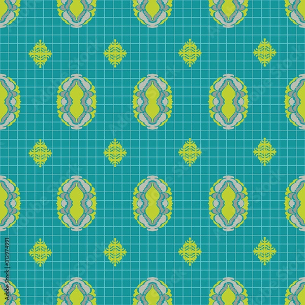 Obraz Ornate oval diamond vector seamless pattern in chartreuse and teal. Intricate, hand drawn elements formed in a brick repeat pattern with graph background. All colors are editable.