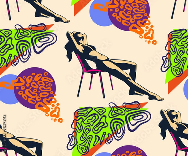 Fototapeta Beautiful woman tanning, with sunglasses, hat, at the beach, retro style. Pop art. Summer holiday. Vector seamless pattern illustration