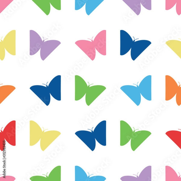Fototapeta Simple multi color butterfly silhouette vector seamless pattern. Cute, multi color butterflies in a simple, versatile seamless pattern for clothing, textile, wallpaper and more.