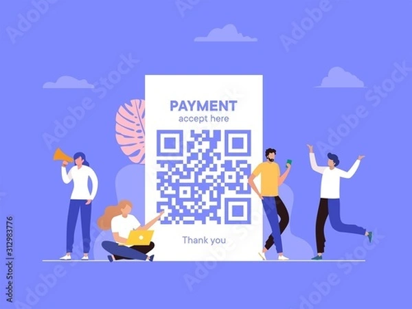 Fototapeta QR code scanning vector illustration concept, people use smartphone and scan qr code for payment 