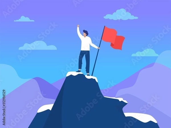 Fototapeta Man standing on top of mountain with flag,  sucess leadership, vector illustration concept, Business man reach goal,  can be used for landing page, template, ui, web, homepage, poster, banner, flyer